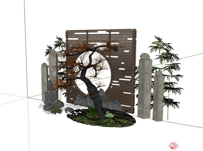 新中式景观小品庭院小品摆件隔断装饰墙设计su模型