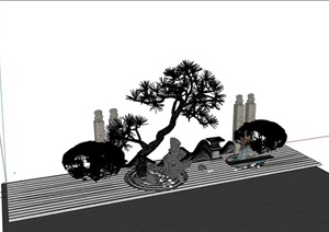 新中式庭院小品 景观树石头佛像组合SU(草图大师)模型
