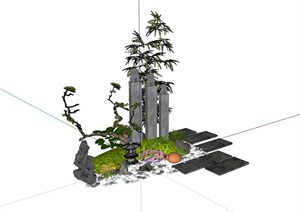 新中式庭院景观小品假山石头陶罐竹子组合SU(草图大师)模型