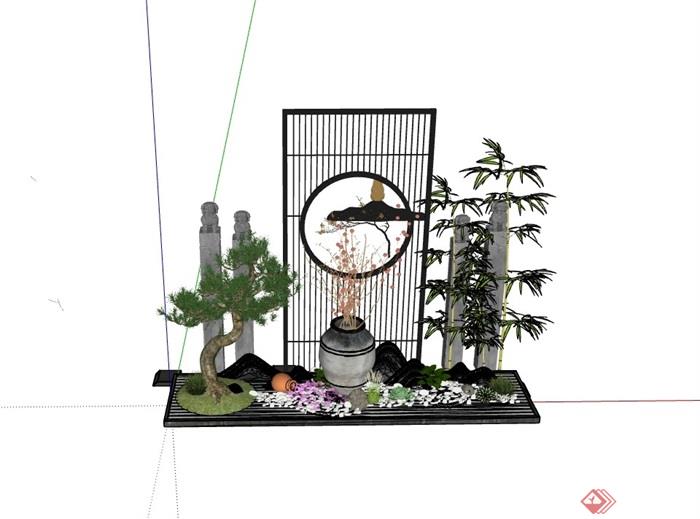 新中式景观小品陶罐植物组合su模型