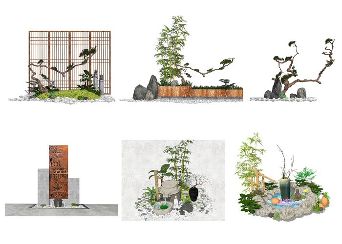 新中式景观小品 庭院景观 水景su模型(1)