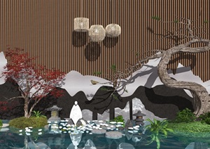 新中式庭院景观 假山石头 禅意景观小品 滨水景观 景墙 景观树SU(草图大师)模型