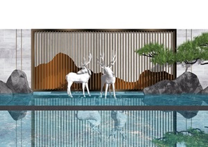 新中式 景墙 水景 山水景墙 鹿 松树SU(草图大师)模型
