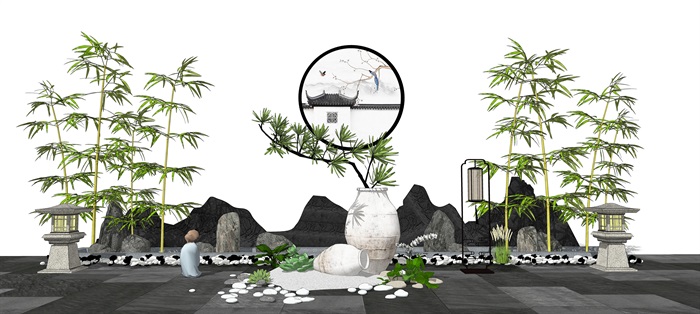 新中式景观小品庭院景观假山石头花瓶陶罐片石假山竹子SU模型(2)