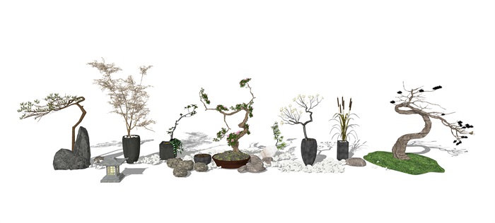 新中式盆栽盆景枯树石头组合su模型(1)