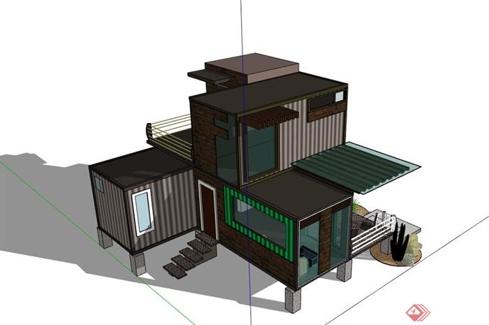 两层集装箱别墅详细建筑设计su模型