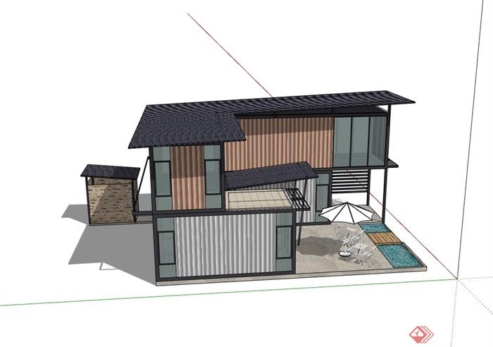 两层完整的集装箱别墅详细建筑设计su模型