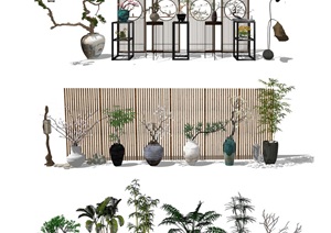 新中式景观树 植物 隔断 陶罐盆栽SU(草图大师)模型