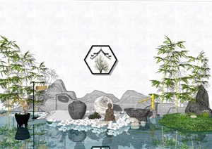 新中式景观小品庭院景观跌水景观片石假山竹子陶罐SU(草图大师)模型