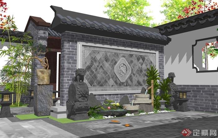 中式风格详细的完整庭院景观设计su模型
