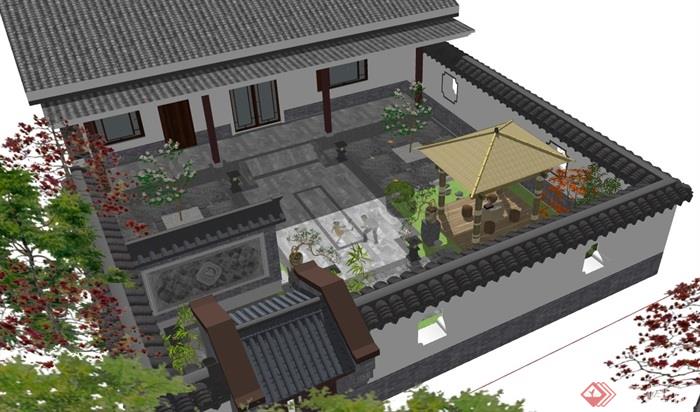 中式风格详细的完整庭院景观设计su模型
