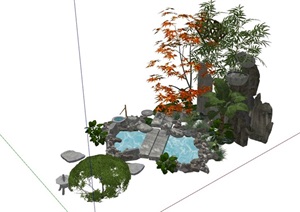 中式假山水池小品节点素材设计SU(草图大师)模型