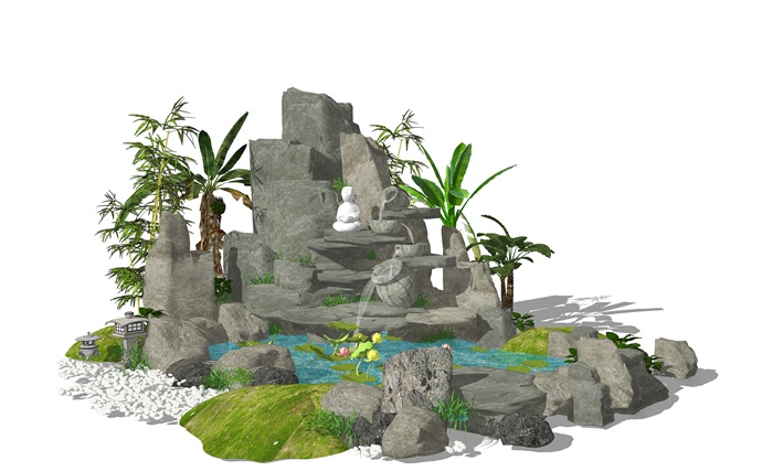 新中式假山石头 庭院 景观小品跌水景观su模型(1)