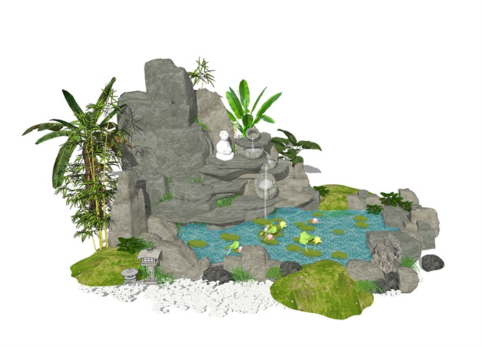 新中式假山石头 庭院 景观小品跌水景观su模型(2)