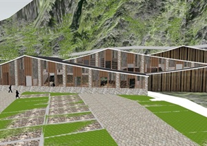 新中式坡屋顶展览馆、美术馆与旅游服务中心建筑SU(草图大师)模型