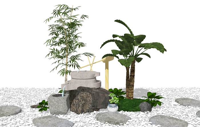 新中式景观小品 庭院景观 滨水景观 绿植 石头su模型(1)