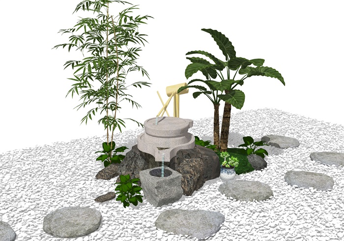 新中式景观小品 庭院景观 滨水景观 绿植 石头su模型(2)