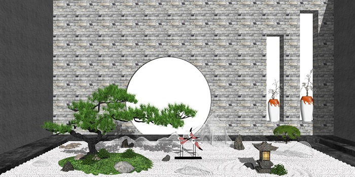 新中式禅意庭院 景观小品 景观树 枯山石su模型(2)