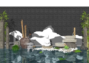 新中式庭院景观 景观小品滨水景观 假山石头 片石SU(草图大师)模型