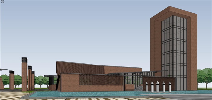 红砖风格综合办公会所建筑与景观方案SU模型(4)