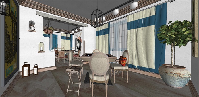 美式民宿（客房+棋牌室+餐厅与包间+会议室）室内装潢设计方案SU模型(10)