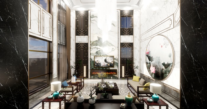 中式别墅室内豪华装潢设计方案SU模型(1)