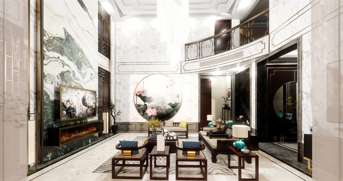 中式别墅室内豪华装潢设计方案SU模型(3)