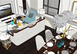现代直厅客餐厅与卧室室内设计方案SU(草图大师)模型