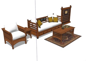 中式风格详细室内沙发家具素材设计SU(草图大师)模型
