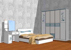 现代家居 床和化妆柜 衣柜SU(草图大师)模型