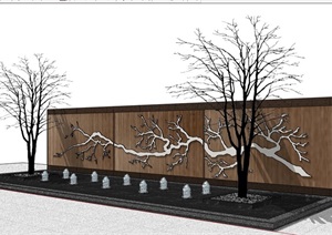 中式风格喷泉水池景墙设计SU(草图大师)模型