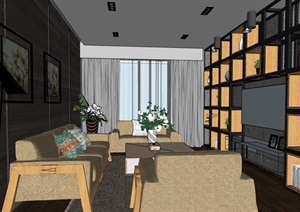 中式风格完整的详细室内空间装饰SU(草图大师)模型