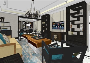 新中式套房住宅室内空间设计SU(草图大师)模型