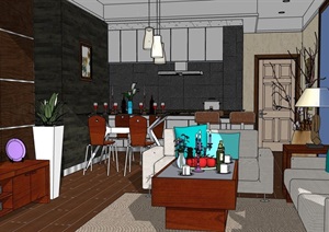 现代室内客餐厅家装室内详细设计SU(草图大师)模型