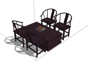 古典中式风格详细的四人桌椅组合素材SU(草图大师)模型