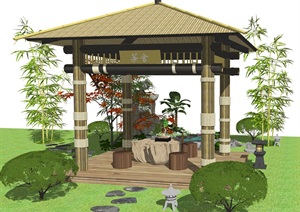 新中式庭院景观景观小品跌水景观亭子假山石头SU(草图大师)模型