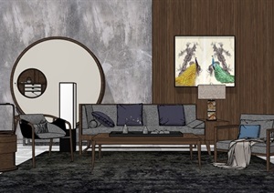 沙发茶几、背景墙、装饰品详细完整设计SU(草图大师)模型