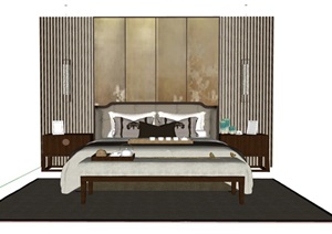 中式室内卧室床详细设计SU(草图大师)模型
