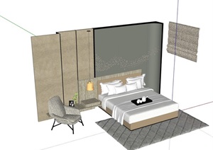 住宅卧室床柜及背景墙详细设计SU(草图大师)模型