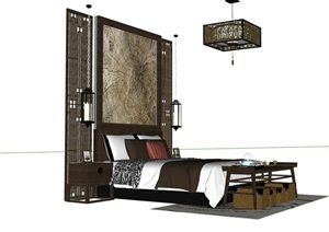 中式完整的住宅卧室床详细设计SU(草图大师)模型