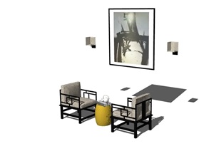 详细的中式桌椅设计SU(草图大师)模型