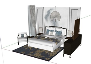 详细的完整卧室床柜、背景墙、灯饰整体SU(草图大师)模型