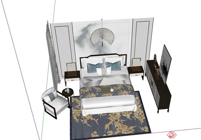 详细的完整卧室床柜、背景墙、灯饰整体su模型