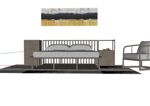 详细的完整卧室床柜及背景墙整体SU(草图大师)模型