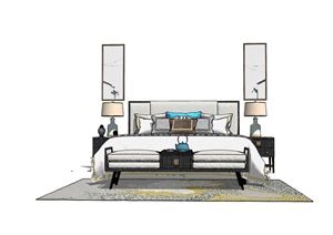 详细的完整卧室床柜独特整体SU(草图大师)模型
