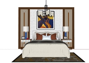 详细的完整卧室床桌、灯饰整体SU(草图大师)模型