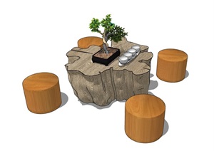 中式茶桌凳素材设计SU(草图大师)模型