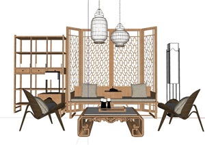 某中式详细的室内沙发茶几柜子、屏风组合设计SU(草图大师)模型