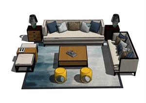 某详细的室内沙发茶几、桌凳、柜子组合设计SU(草图大师)模型