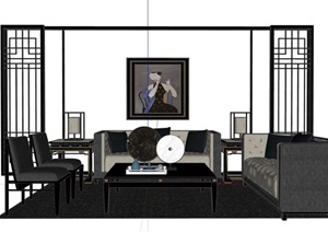 某详细的客厅沙发茶几、屏风组合设计SU(草图大师)模型